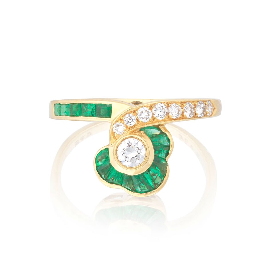 MOUAWAD: DIAMOND AND EMERALD RING: MOUAWAD: DIAMOND AND EMERALD RING Brilliant-cut diamonds approx. 0.25ct total Calibré and step-cut emeralds Signed Mouawad Ring size K½ Weight approx. 3.0g Footnotes: OVERALL