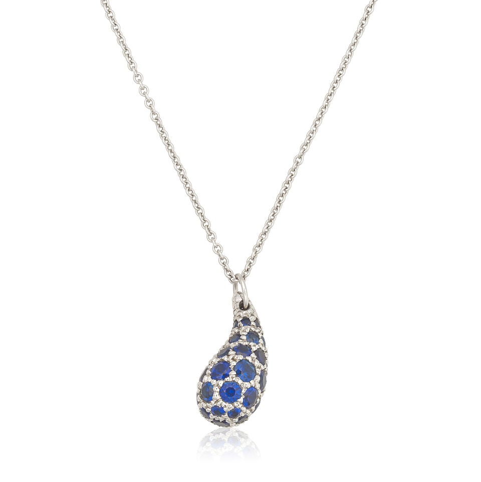 ELSA PERETTI FOR TIFFANY: SAPPHIRE-SET 'TEARDROP' PENDANT/NECKLACE: ELSA PERETTI FOR TIFFANY: SAPPHIRE-SET 'TEARDROP' PENDANT/NECKLACE Circular-cut sapphires Chain signed Elsa Peretti, Tiffany&Co. Pendant length 1.5cm, chain length 41.0cm Weight approx. 5.5g Maker's