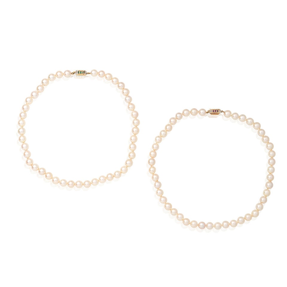 CULTURED PEARL NECKLACES WITH GEM-SET CLASP: CULTURED PEARL NECKLACES WITH GEM-SET CLASP Cultured pearls Marquise-cut emeralds Marquise-cut rubies Clasps of each necklace can be attached to be worn together Length of shortest strand 39.0cm Weigh