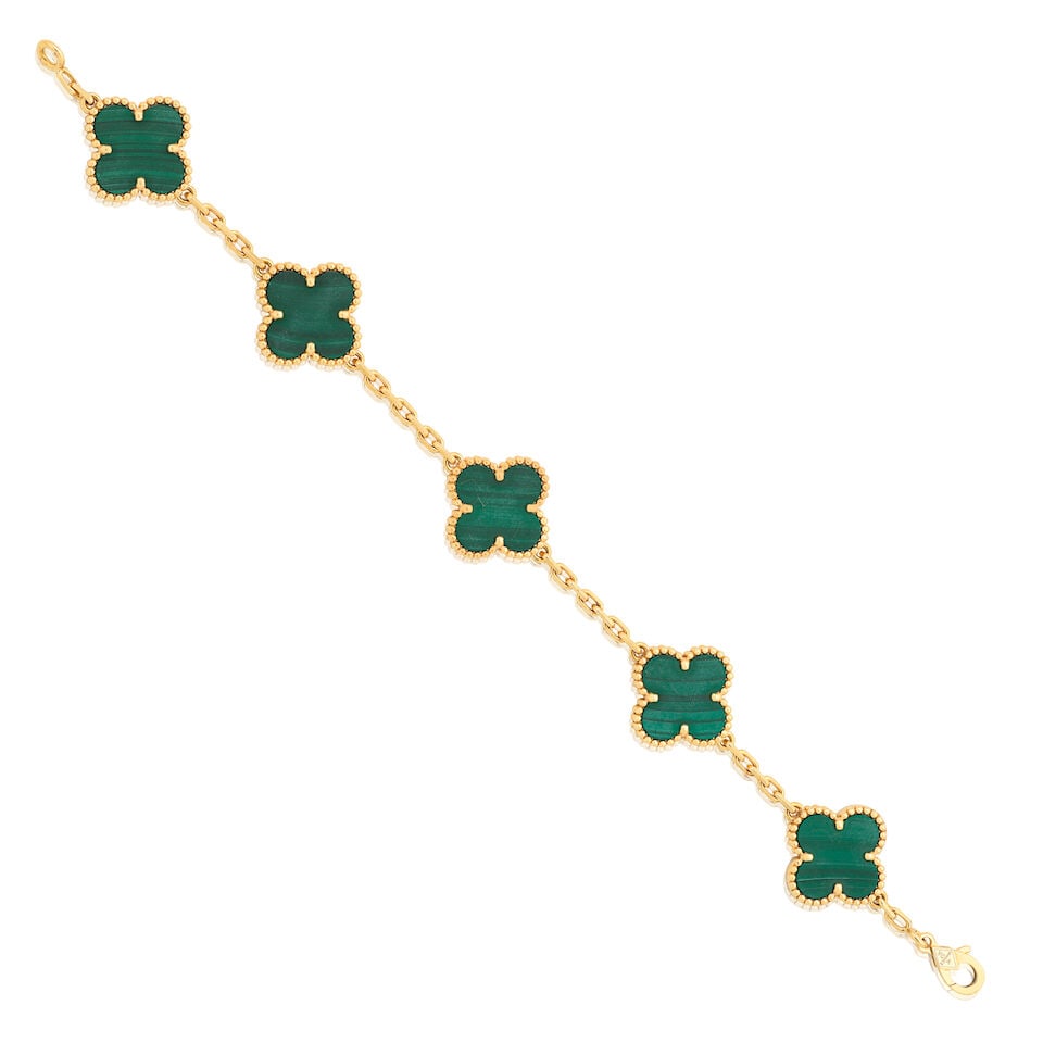 VAN CLEEF & ARPELS: MALACHITE 'ALHAMBRA' BRACELET: VAN CLEEF & ARPELS: MALACHITE 'ALHAMBRA' BRACELET Malachite quatrefoils 18 carat gold Signed VCA, numbered JG163230, French workshop mark, Convention mark, Swiss assay mark, French assay mark Length