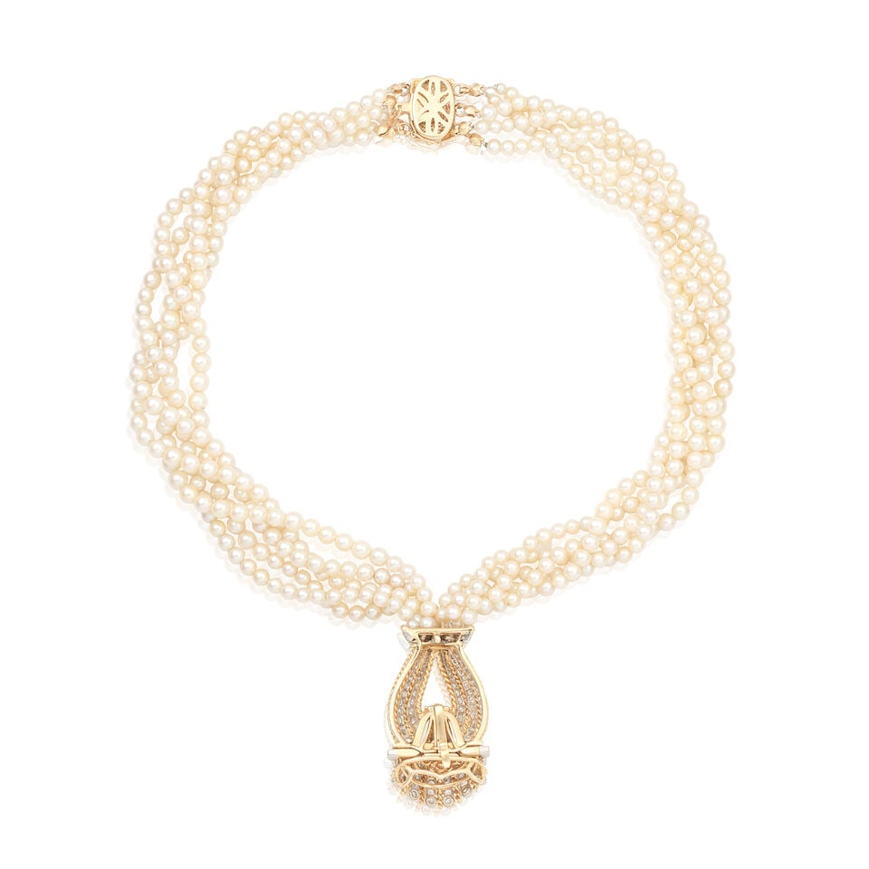 CULTURED PEARL NECKLACE WITH DIAMOND-SET PENDANT AND CLASP - 2