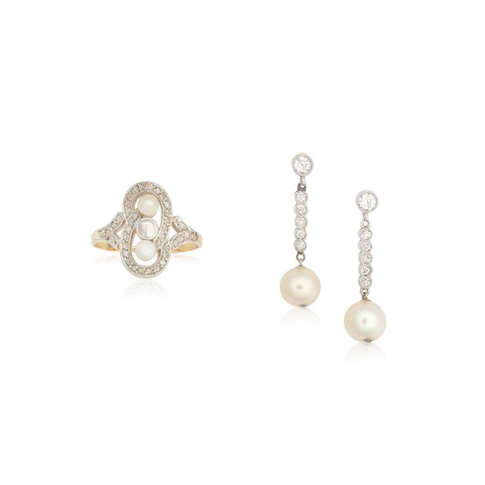 DIAMOND AND PEARL RING AND EARRINGS: DIAMOND AND PEARL RING AND EARRINGS 1st: Ring Rose-cut diamonds Seed pearls Ring size approx. K½ Weight approx. 2.5g 2nd: Earrings Cultured pearls Old single and brilliant-cut diamonds approx.