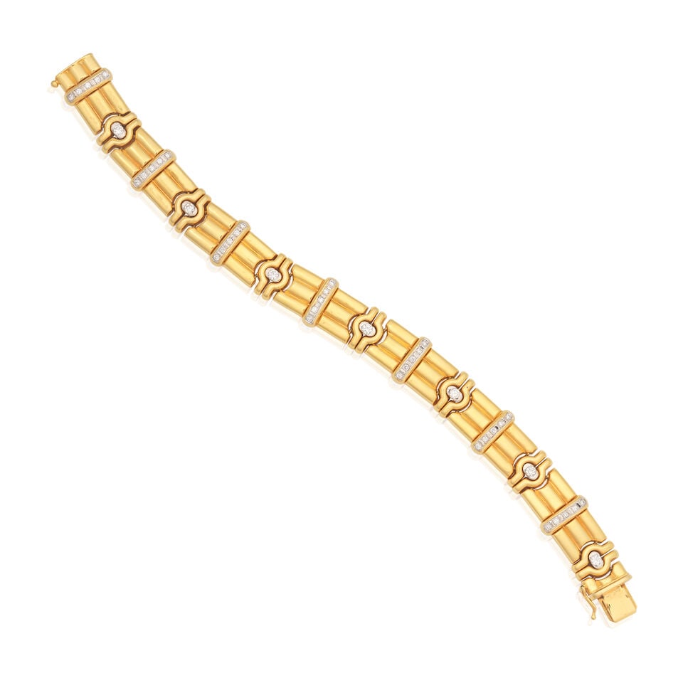 DIAMOND-SET BRACELET: DIAMOND-SET BRACELET Brilliant-cut diamonds approx. 1.15cts total Length 19.5cm Weight approx. 36.5g Footnotes: OVERALL CONDITION Light surface wear to unhallmarked yellow metal with Italian assay