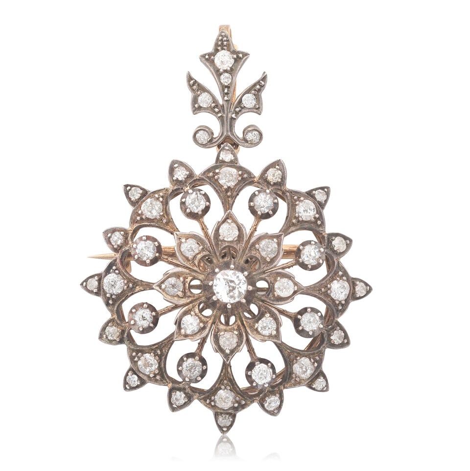 DIAMOND-SET PENDANT/BROOCH, CIRCA 1900: DIAMOND-SET PENDANT/BROOCH, CIRCA 1900 Old brilliant and single-cut diamonds approx. 2.35cts total Mounted in silver and gold Length 5.0cm Weight approx. 14.5g Fitted case by Jays Diamond Merchant,