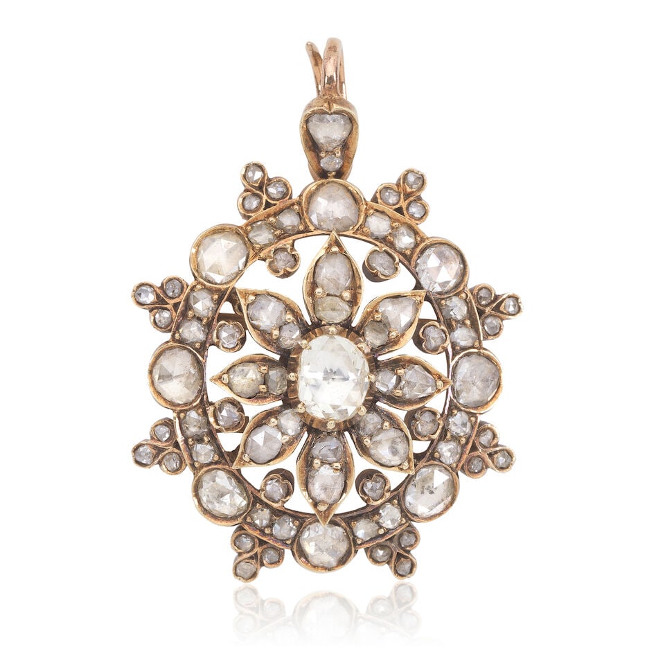 ROSE-CUT DIAMOND PENDANT: ROSE-CUT DIAMOND PENDANT Rose-cut diamonds Length 5.0cm Weight approx. 15.5g Footnotes: OVERALL CONDITION Light surface wear to unhallmarked metal testing as 15kt gold to reverse, 14kt to settings.