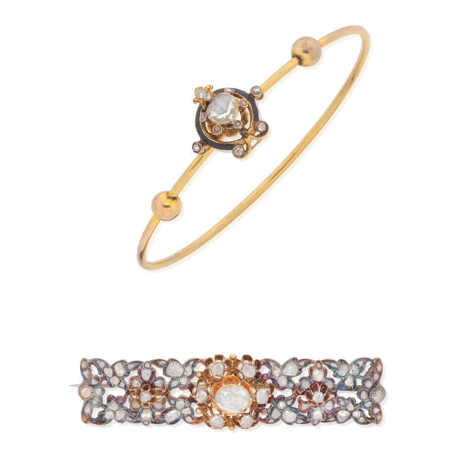 DIAMOND BANGLE AND PLAQUE BROOCH: DIAMOND BANGLE AND PLAQUE BROOCH Rose-cut diamonds Bangle with black enamel Inner circumference approx. 16.5cm, brooch length approx. 6.0cm Weight approx. 21.0g Footnotes: OVERALL CONDITION Bangle