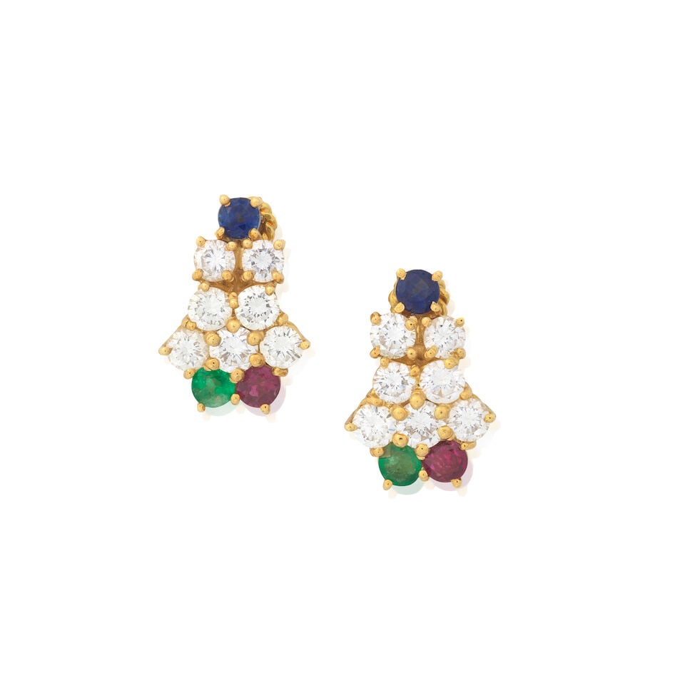 GEM-SET EARCLIPS: GEM-SET EARCLIPS Circular-cut sapphires, rubies and emeralds Brilliant-cut diamonds approx. 1.05cts total Length 1.5cm Weight approx. 6.5g Footnotes: OVERALL CONDITION Light surface wear to
