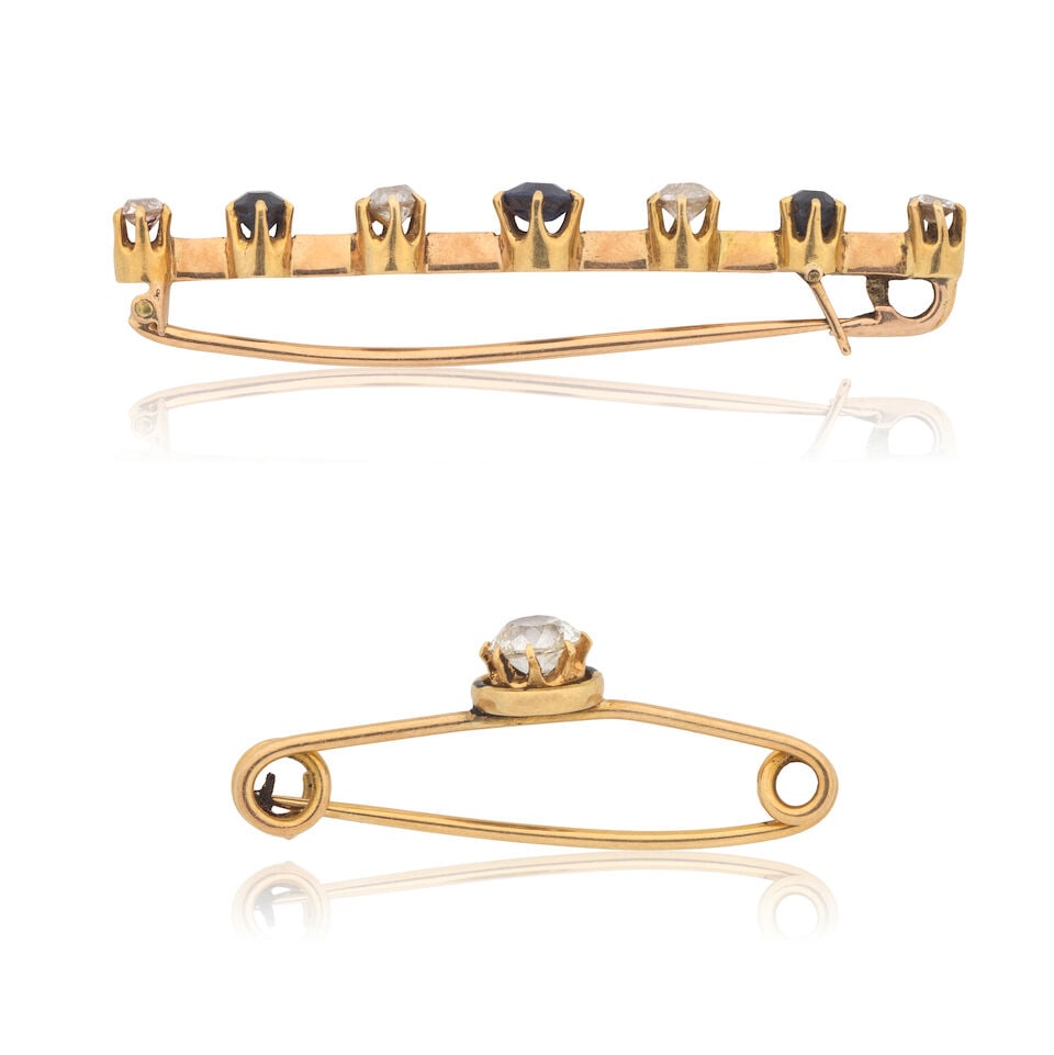 SAPPHIRE AND DIAMOND BAR BROOCH AND DIAMOND-SET PIN - 2
