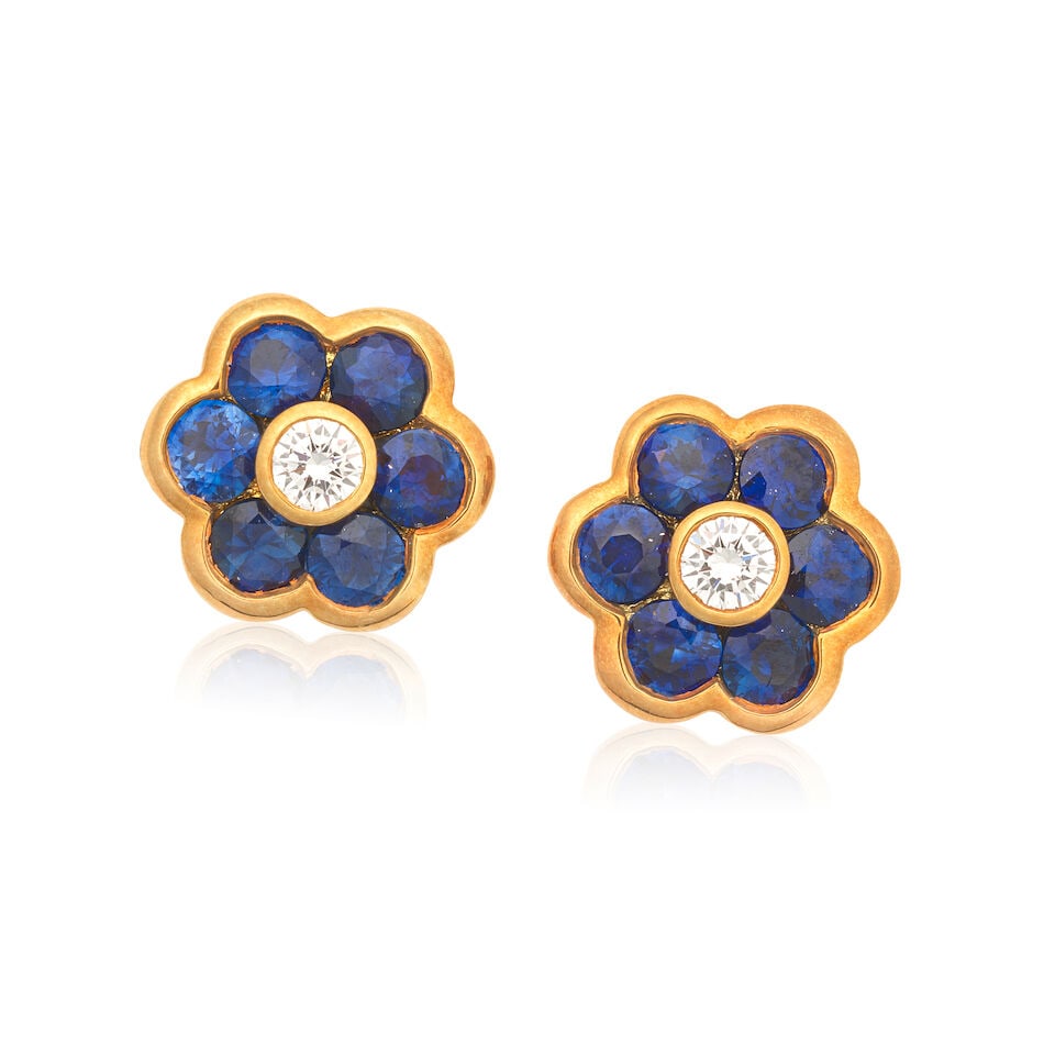 SAPPHIRE AND DIAMOND-SET FLOWER EARSTUDS (1 of 2)