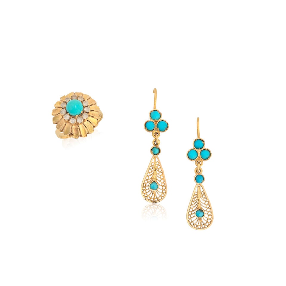 TURQUOISE-SET RING AND EARRINGS: TURQUOISE-SET RING AND EARRINGS 1st: Turquoise and paste-set ring Turquoise cabochon Circular-cut paste Ring size approx. M½ Weight approx. 5.5g 2nd: Turquoise-set pendent earrings Turquoise