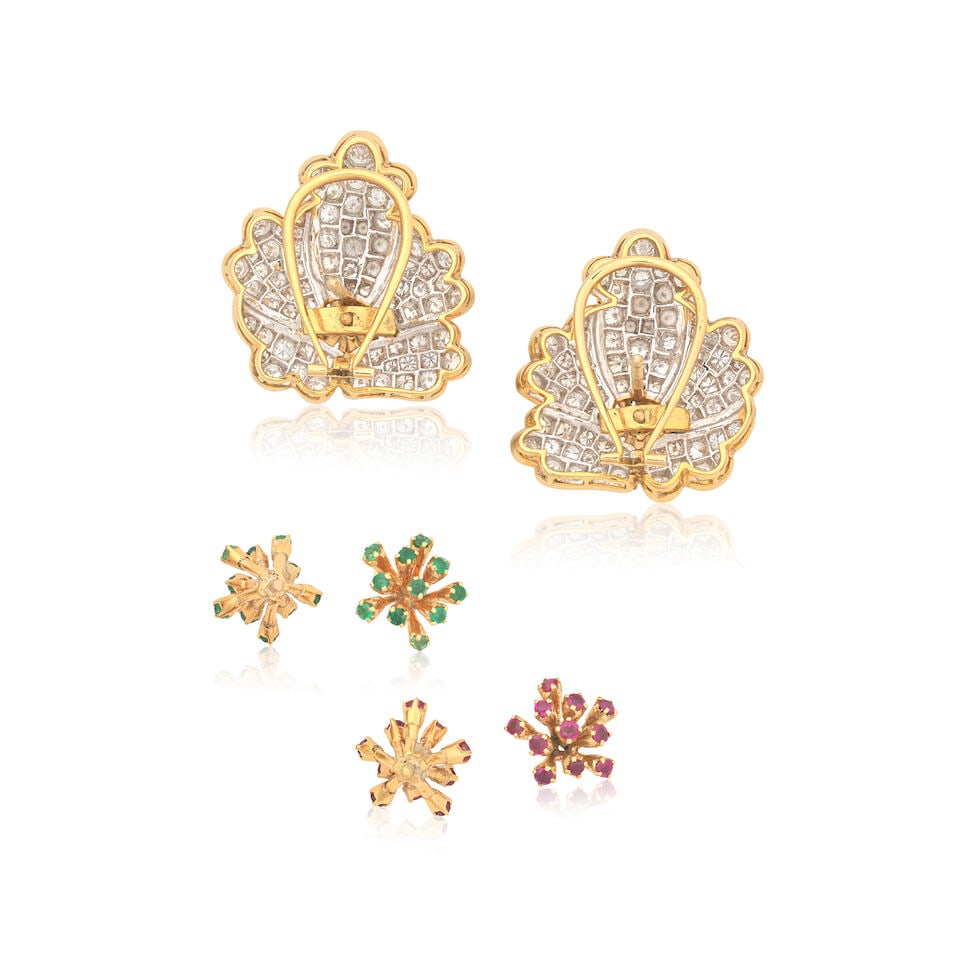 INTERCHANGEABLE DIAMOND, EMERALD AND RUBY FLOWER EARRINGS - 4