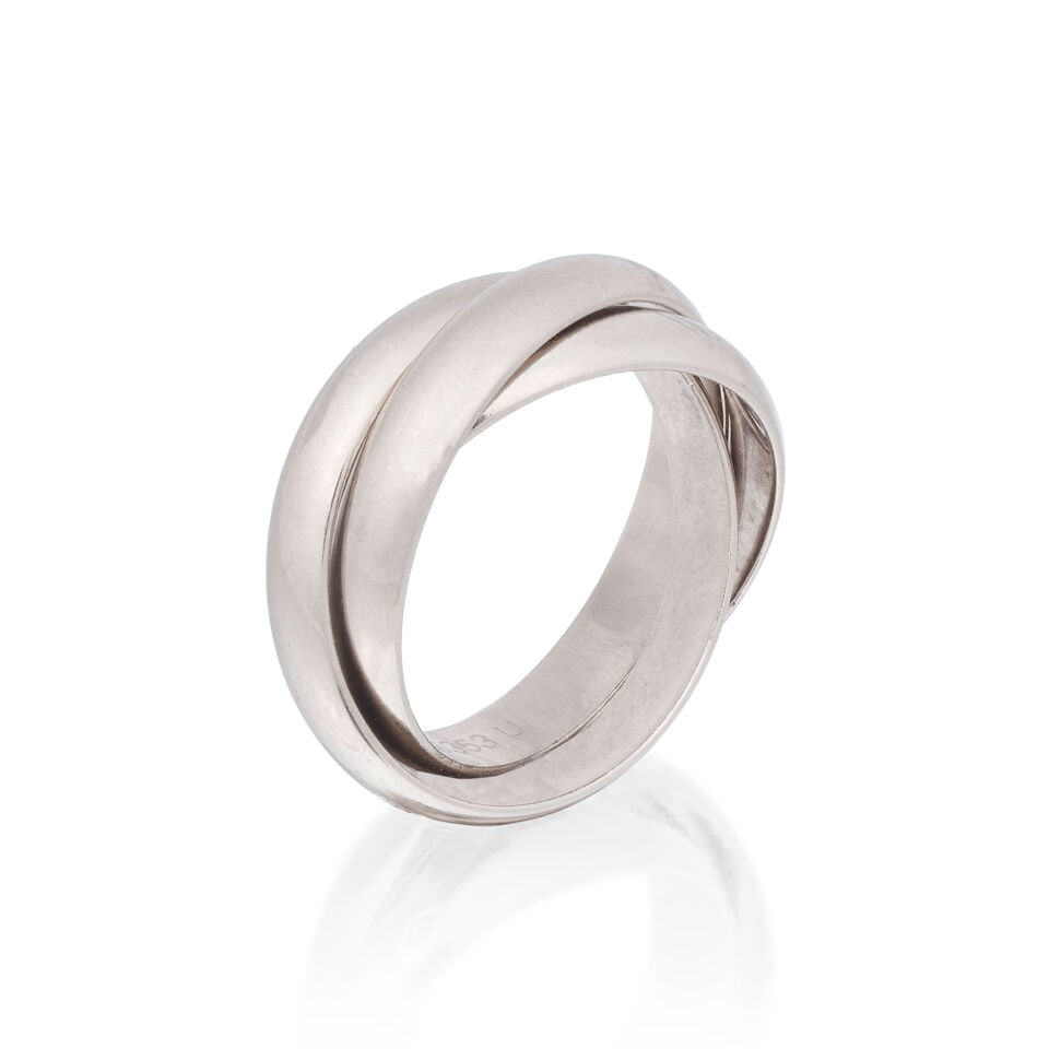 CARTIER: 'TRINITY' RING: CARTIER: 'TRINITY' RING Signed Cartier, numbered O5353U, French assay mark Ring size approx. J½ Weight approx. 8.0g Footnotes: OVERALL CONDITION Light surface wear to white unhallmarked metal sta