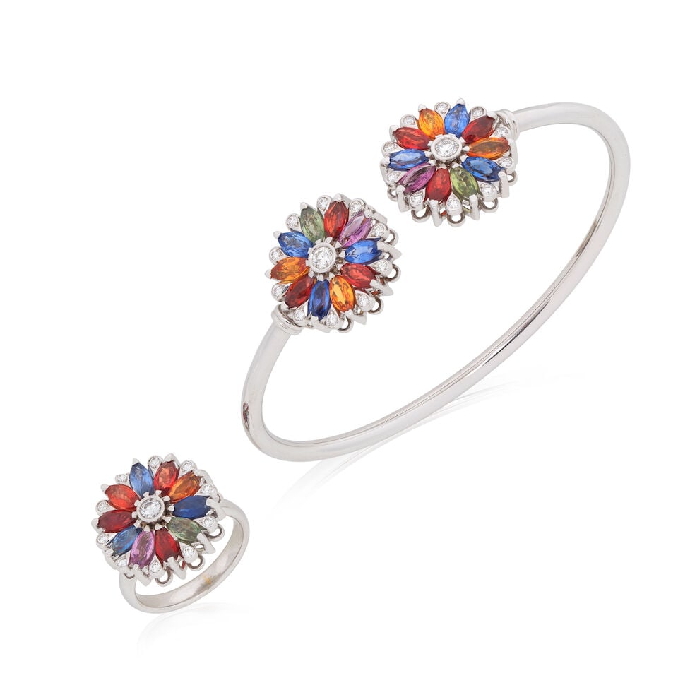 SAPPHIRE AND DIAMOND-SET BANGLE AND RING SUITE (1 of 2)