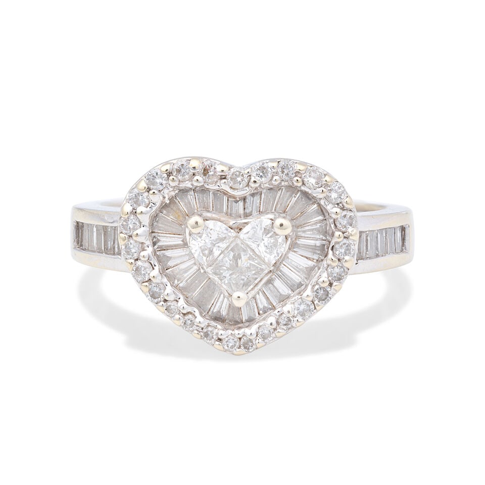 DIAMOND-SET HEART RING: DIAMOND-SET HEART RING Demi-moon, princess, tapered baguette, baguette and brilliant-cut diamonds approx. 1.05cts total 18 carat gold London hallmark, Convention mark Ring size approx. M Weight