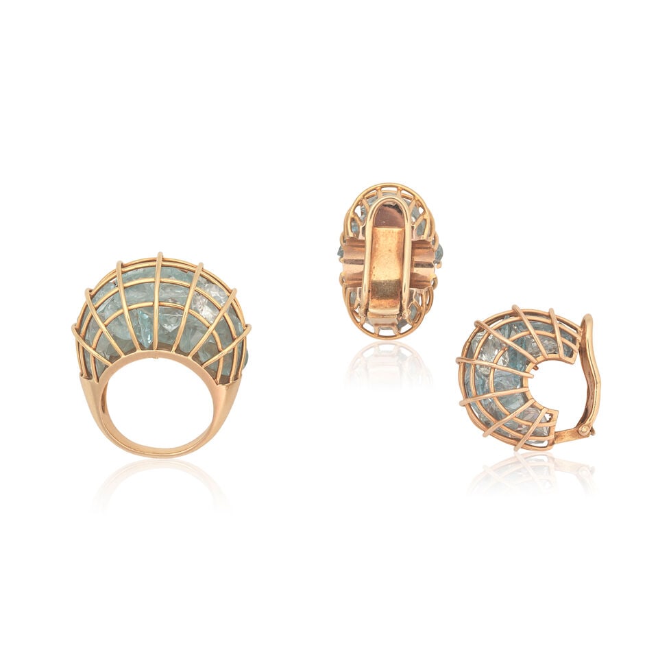 AQUAMARINE RING AND EARCLIP SUITE - 2