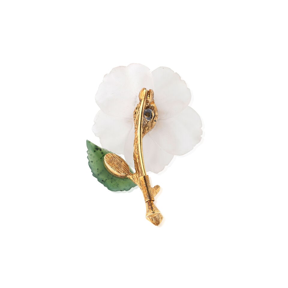 ROCK CRYSTAL, NEPHRITE AND RUBY-SET FLOWER BROOCH - 2