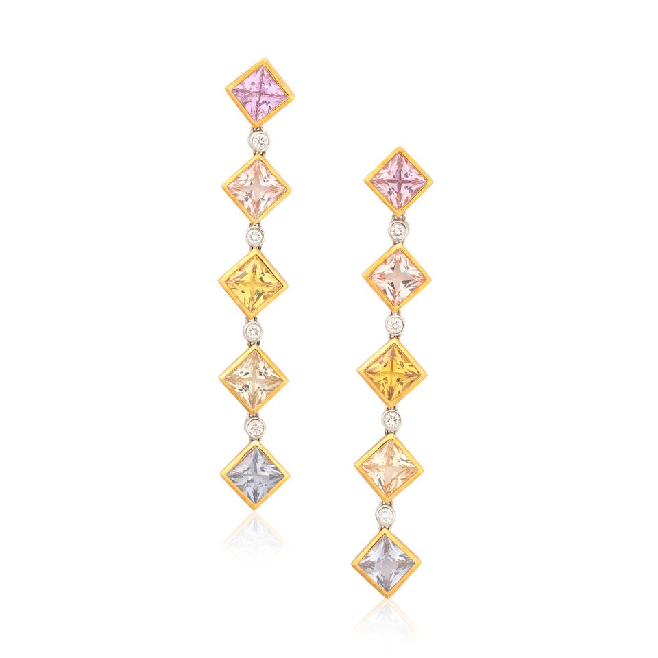 SAPPHIRE AND DIAMOND PENDENT EARRINGS: SAPPHIRE AND DIAMOND PENDENT EARRINGS Square-cut sapphires Brilliant-cut diamonds approx. 0.30ct total Length 5.7cm Weight approx. 10.5g Footnotes: OVERALL CONDITION Light surface wear to