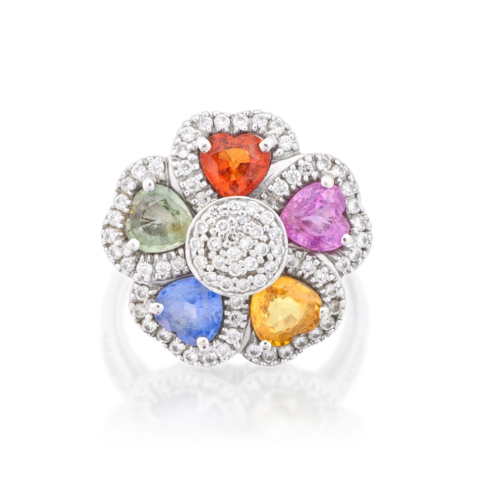 MULTI-COLOURED SAPPHIRE AND DIAMOND FLOWER RING (1 of 4)