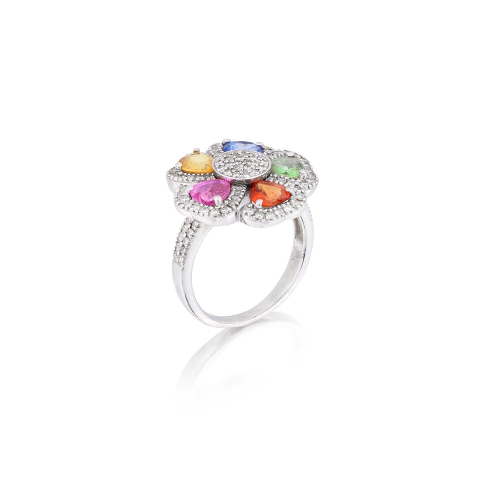 MULTI-COLOURED SAPPHIRE AND DIAMOND FLOWER RING - 2
