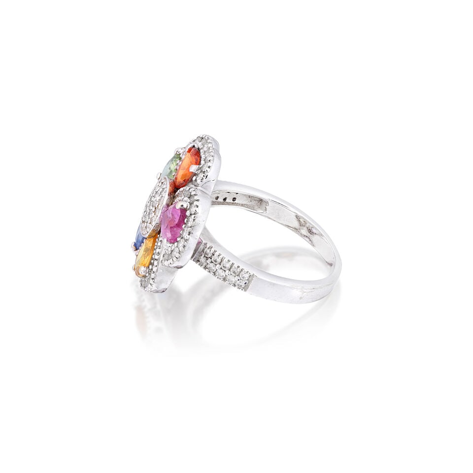MULTI-COLOURED SAPPHIRE AND DIAMOND FLOWER RING - 4
