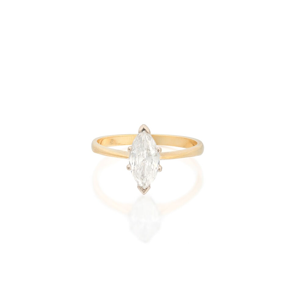 DIAMOND SINGLE-STONE RING: DIAMOND SINGLE-STONE RING Marquise-cut diamond 1.26 carats 18 carat gold UK hallmark Ring size approx. S½ Weight approx. 3.5g Footnotes: OVERALL CONDITION Light surface wear to 18 carat gold