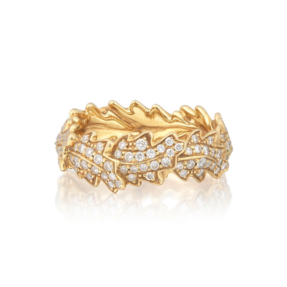 ASPREY: DIAMOND-SET 'WOODLAND OAK LEAF' RING, 2014: ASPREY: DIAMOND-SET 'WOODLAND OAK LEAF' RING, 2014 Brilliant-cut diamonds approx. 0.75ct total 18 carat gold Signed Asprey, London hallmark, Convention mark Ring size approx. L Weight approx.