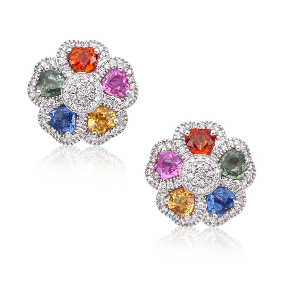 MULTI-COLOURED SAPPHIRE AND DIAMOND EARRINGS (1 of 2)