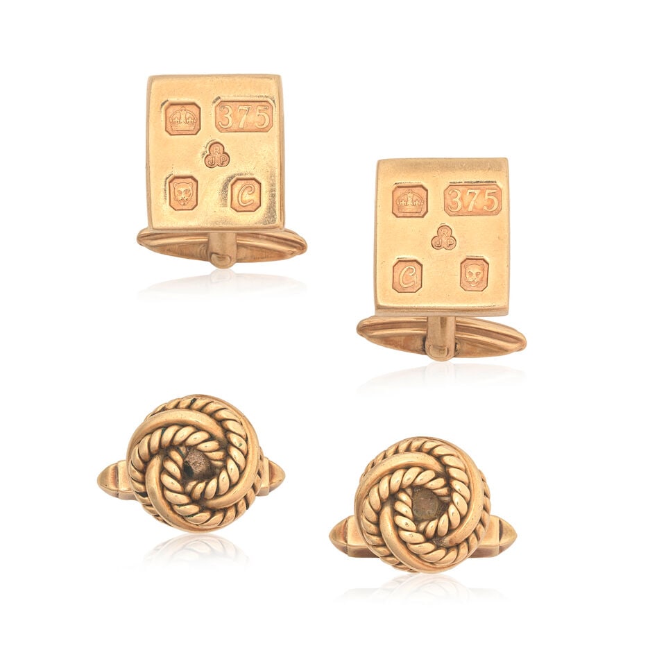 TWO PAIRS OF GOLD CUFFLINKS: TWO PAIRS OF GOLD CUFFLINKS 1st: Of knot design Single-sided 9 carat gold London hallmarks Plaque length 1.3cm Weight approx. 14.0g 2nd: Hallmarked plaques Single-sided 9 carat gold London