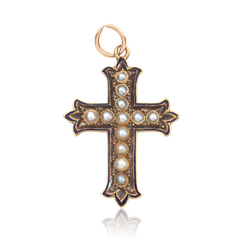 PEARL, ENAMEL AND DIAMOND CROSS PENDANT (1 of 2)