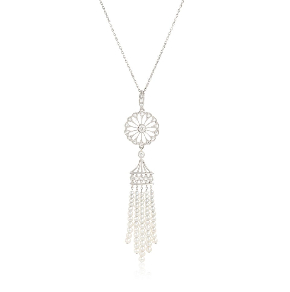 SEED PEARL AND DIAMOND PENDANT, CIRCA 1910: SEED PEARL AND DIAMOND PENDANT, CIRCA 1910 Seed pearls Old and rose-cut diamonds Pendant length 6.5cm, necklace length 46.0cm Weight approx. 5.5g Footnotes: OVERALL CONDITION Light surface wear to