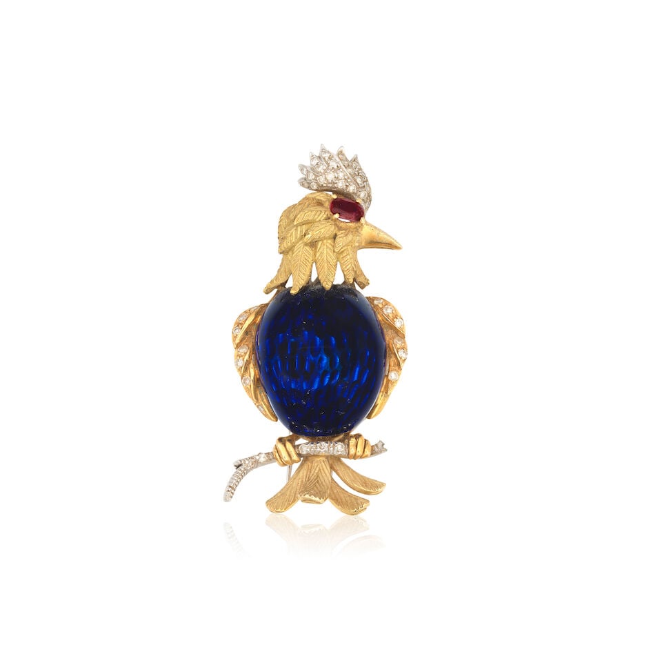GEM AND ENAMEL PHOENIX BROOCH: GEM AND ENAMEL PHOENIX BROOCH Single-cut diamonds Oval-cut ruby Guilloché enamel Length 4.5cm Weight approx. 18.5g Footnotes: OVERALL CONDITION Some wear to unhallmarked metal stamped to reverse 