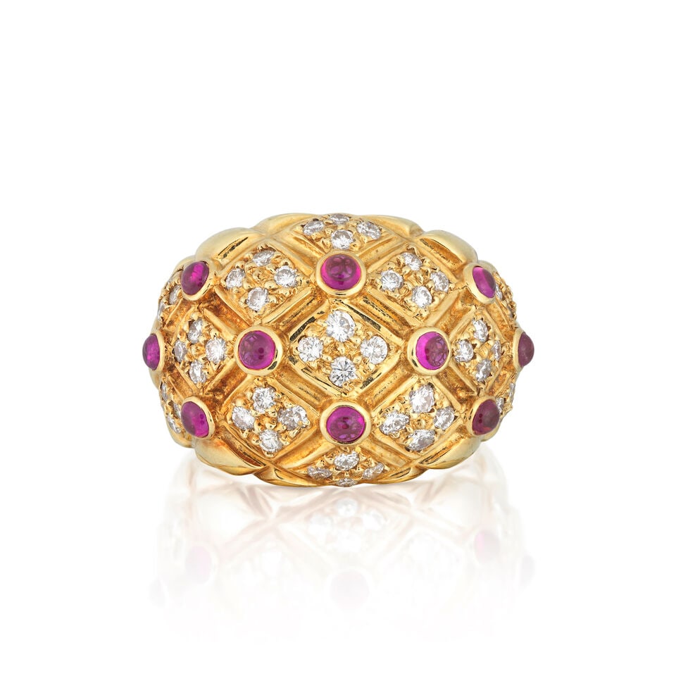 RUBY AND DIAMOND-SET BOMBÉ RING: RUBY AND DIAMOND-SET BOMBÉ RING Brilliant-cut diamonds approx. 0.95ct total Ruby cabochons Ring size approx. N (leading edge) Weight approx. 15.0g Footnotes: OVERALL CONDITION Light surface wear