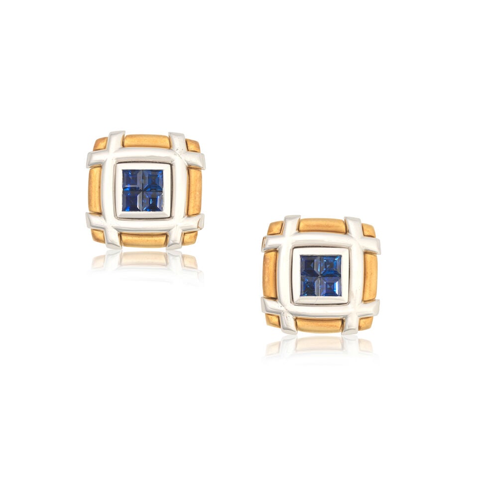 ASPREY AND GARRARD: SAPPHIRE CUFFLINKS, 2000: ASPREY AND GARRARD: SAPPHIRE CUFFLINKS, 2000 Single-sided Square-cut sapphires 18 carat gold Maker's marks AG, London hallmarks Plaque length 1.6cm Weight approx. 24.0g Maker's case and