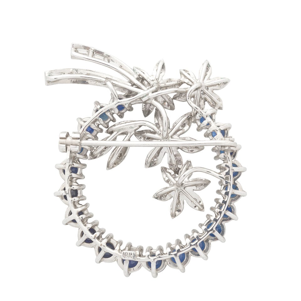 SAPPHIRE AND DIAMOND FLOWER BROOCH - 2