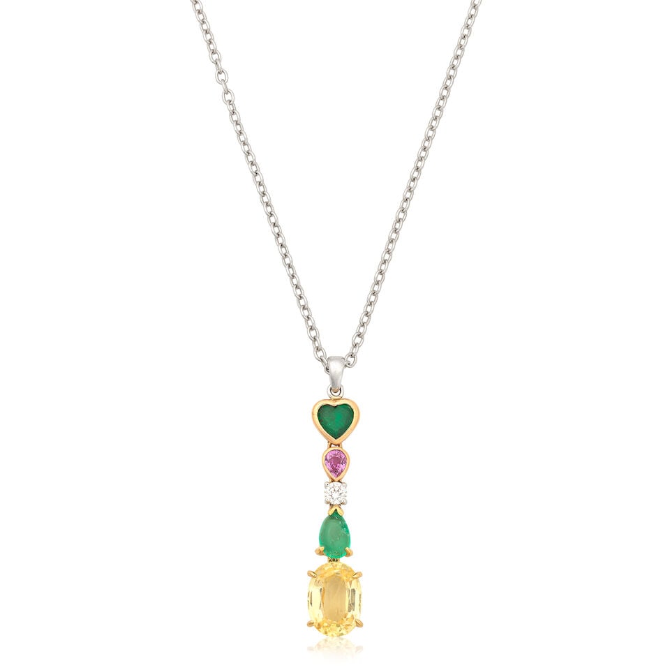 SAPPHIRE, EMERALD AND DIAMOND PENDANT/NECKLACE: SAPPHIRE, EMERALD AND DIAMOND PENDANT/NECKLACE Oval-cut yellow sapphire Pear-cut pink sapphire Pear-shaped cabochon and heart-shaped emerald Brilliant-cut diamond Length 3.5cm Weight approx.