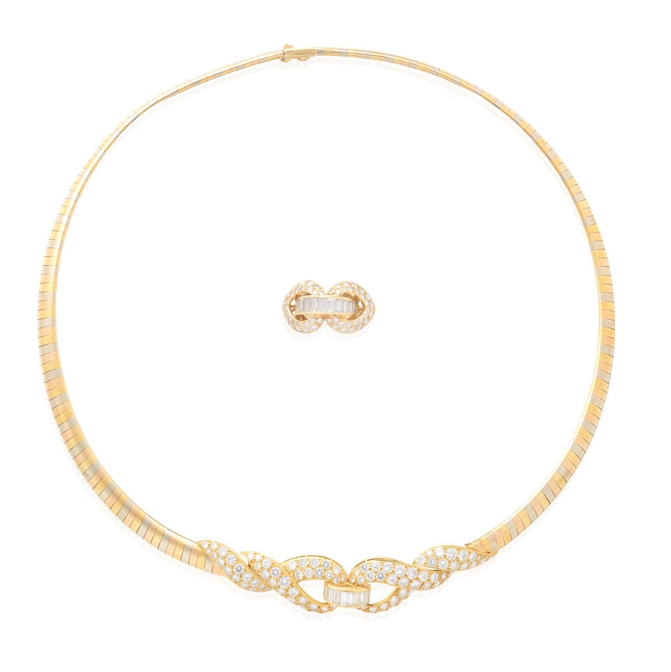 DIAMOND-SET NECKLACE AND RING SUITE: DIAMOND-SET NECKLACE AND RING SUITE Brilliant-cut diamonds approx. 4.60cts total Baguette-cut diamonds approx. 1.05cts total 18 carat gold Maker's mark CoLJ, London hallmarks Necklace inner