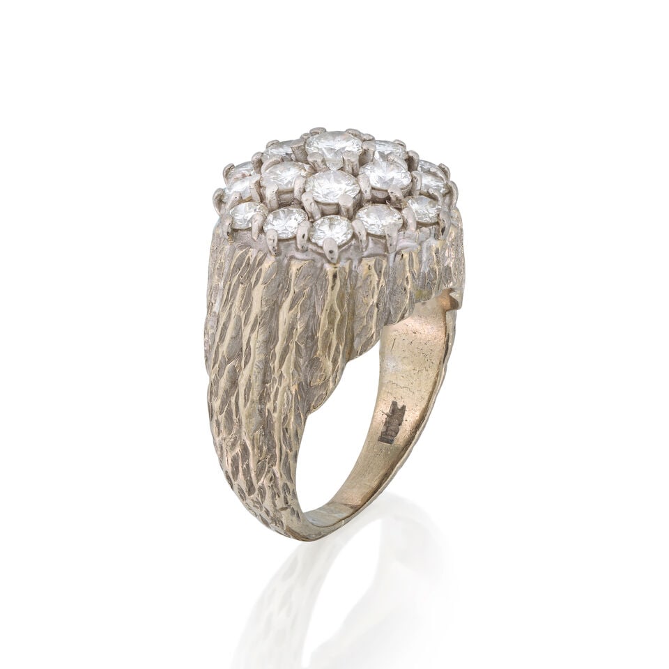 DIAMOND-SET BOMBÉ CLUSTER RING: DIAMOND-SET BOMBÉ CLUSTER RING Brilliant-cut diamonds approx. 2.20cts total Ring size approx. M½ Weight approx. 15.0g Footnotes: OVERALL CONDITION Some surface wear to unhallmarked metal