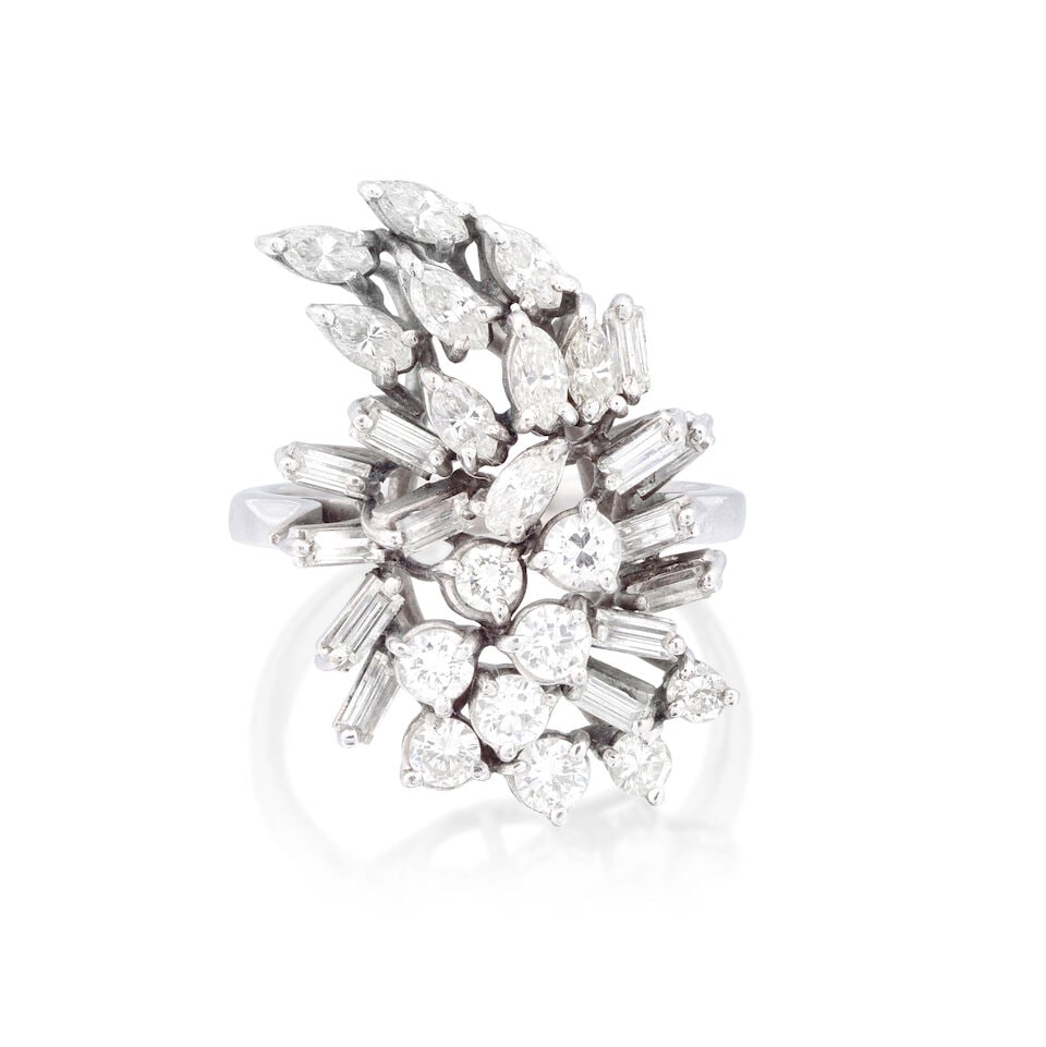 DIAMOND DRESS RING: DIAMOND DRESS RING Marquise, baguette and brilliant-cut diamonds approx. 1.75cts total Ring size approx. L½ Weight approx. 8.0g Footnotes: OVERALL CONDITION Light surface wear to unhallmarked