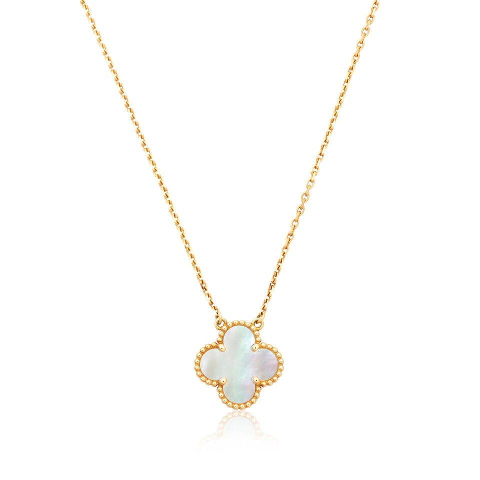 VAN CLEEF & ARPELS: MOTHER-OF-PEARL 'ALHAMBRA' NECKLACE: VAN CLEEF & ARPELS: MOTHER-OF-PEARL 'ALHAMBRA' NECKLACE Mother-of-pearl quatrefoil Numbered CL99825, French assay mark Pendant length 1.3, necklace length 41.5cm Weight approx. 5.0g Maker's case and