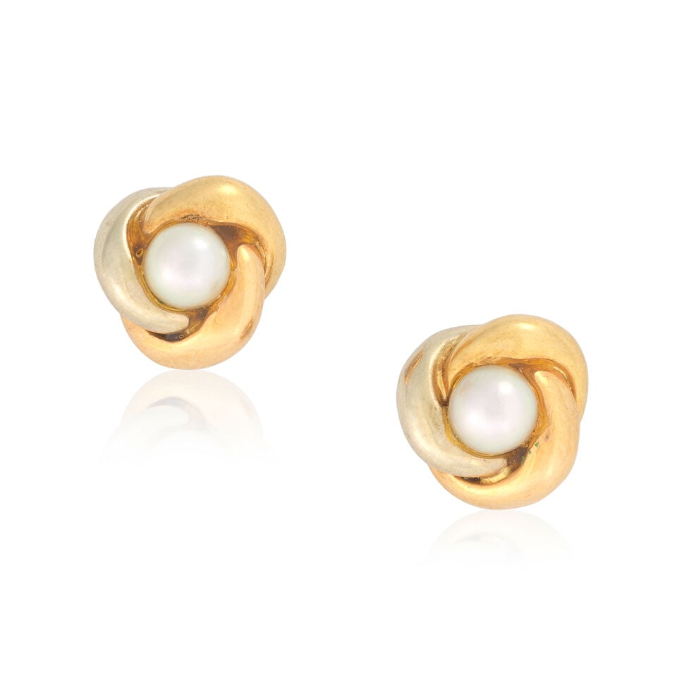 CARTIER: CULTURED PEARL 'TRINITY' EARRINGS: CARTIER: CULTURED PEARL 'TRINITY' EARRINGS Cultured pearls Signed Cartier, numbered B78462 Width 7.8mm Weight approx. 3.5g Footnotes: OVERALL CONDITION Light surface wear to unhallmarked tri-coloured