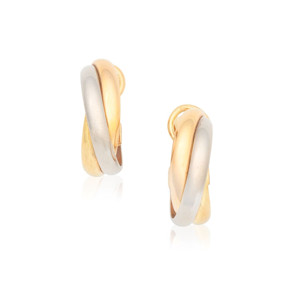 CARTIER: TRINITY EARRINGS: CARTIER: TRINITY EARRINGS 18 carat gold Signed Cartier, numbered NL896, Convention mark, French assay mark, Swiss assay mark Length 1.7cm Weight approx. 13.5g Footnotes: OVERALL CONDITION Very light