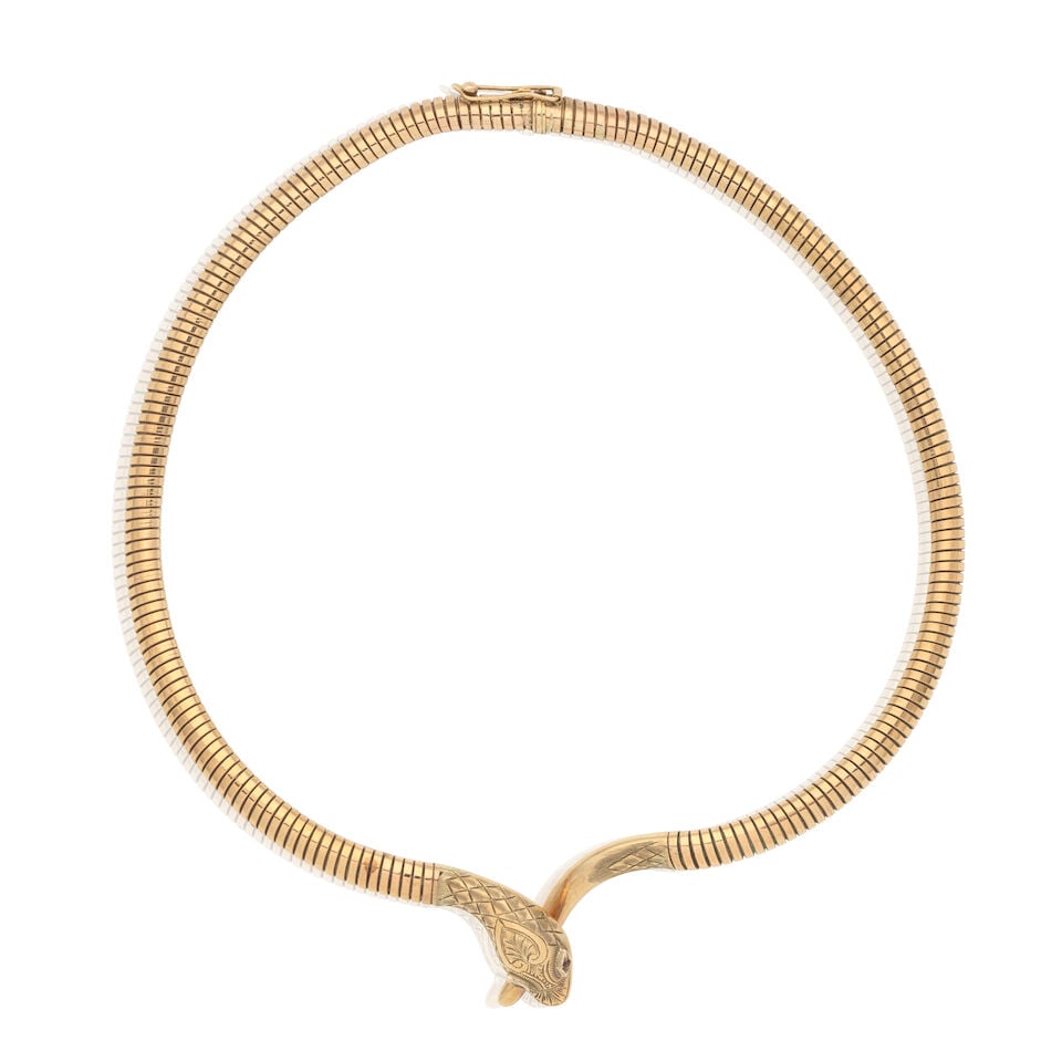 CROPP & FARR: GOLD AND RUBY-SET SNAKE NECKLACE, 1955: CROPP & FARR: GOLD AND RUBY-SET SNAKE NECKLACE, 1955 Of flexible tubogas style 9 carat gold Circular-cut rubies UK hallmark, maker's mark C&F Length 37.0cm Weight approx. 31.0g Footnotes: OVERALL