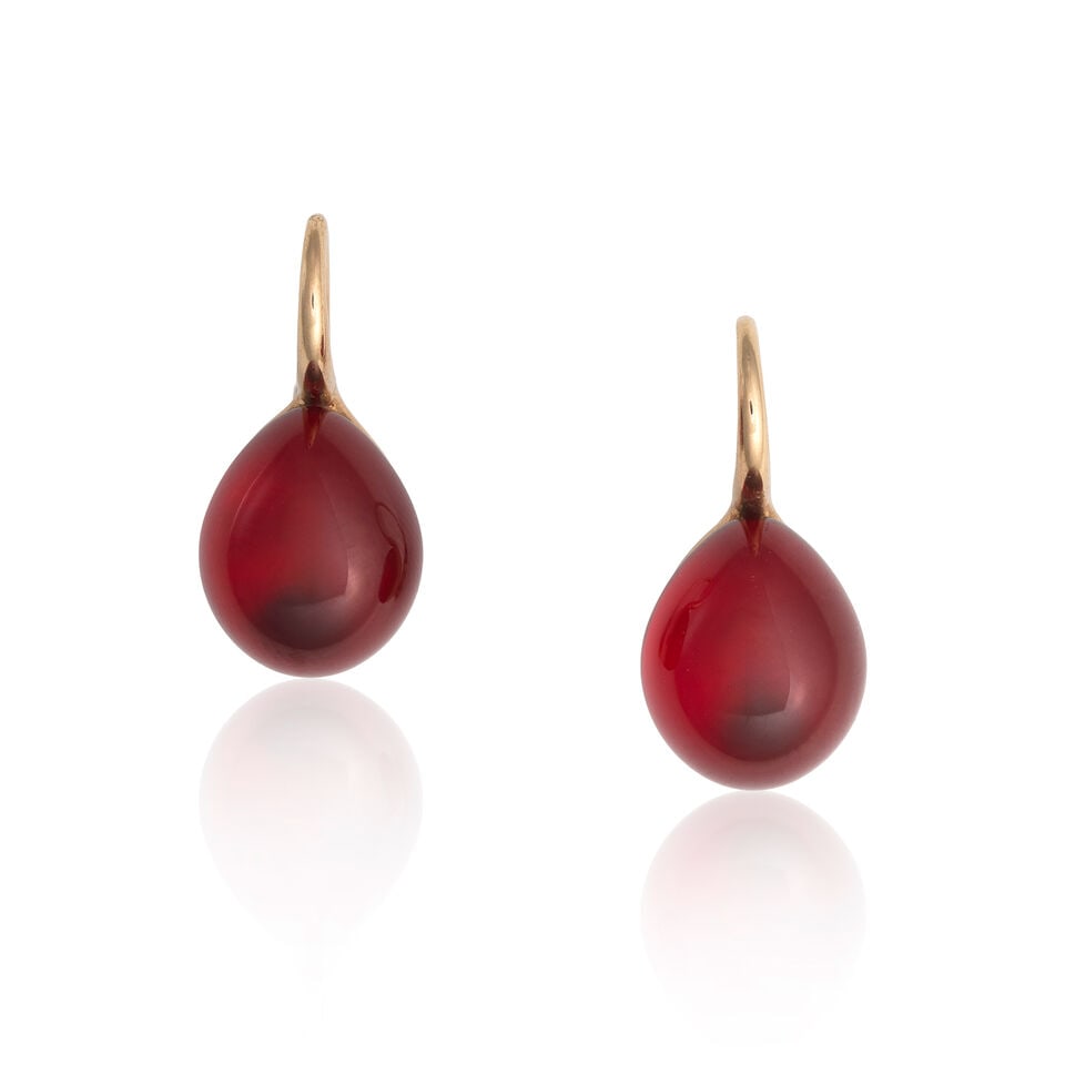 POMELLATO: GEM-SET 'ROUGE PASSION' EARRINGS: POMELLATO: GEM-SET 'ROUGE PASSION' EARRINGS Synthetic sapphire cabochons 9 carat gold Signed Pomellato, maker's mark PO, UK hallmark Length 2.2cm Weight approx. 12.0g Footnotes: OVERALL