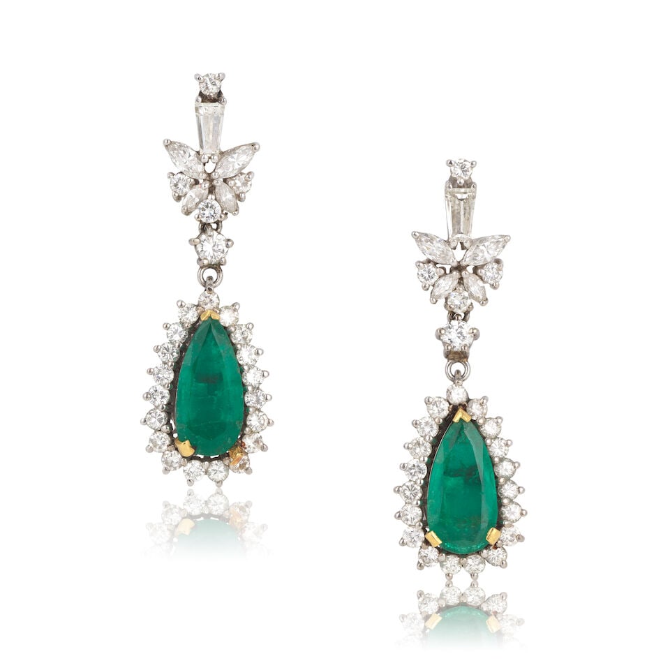 EMERALD AND DIAMOND PENDENT EARRINGS: EMERALD AND DIAMOND PENDENT EARRINGS Pear-cut emeralds Brilliant, marquise and tapered baguette-cut diamonds approx. 2.00cts total Length 3.7cm Weight approx. 10.5g Footnotes: OVERALL CONDITION Light
