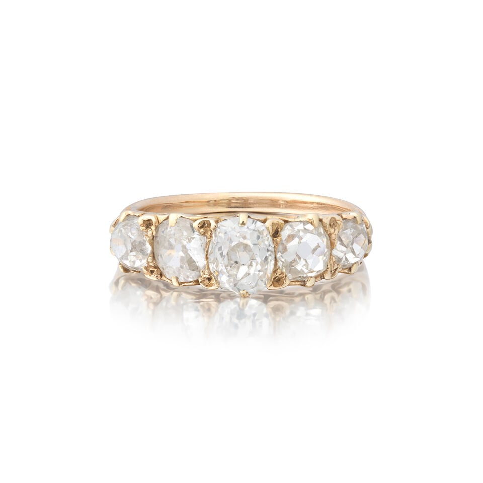 FIVE STONE DIAMOND RING, CIRCA 1880: FIVE STONE DIAMOND RING, CIRCA 1880 Old brilliant-cut diamonds approx. 2.10cts total Mounted in gold Ring size approx. M Weight approx. 3.5 Footnotes: OVERALL CONDITION Some wear commensurate with