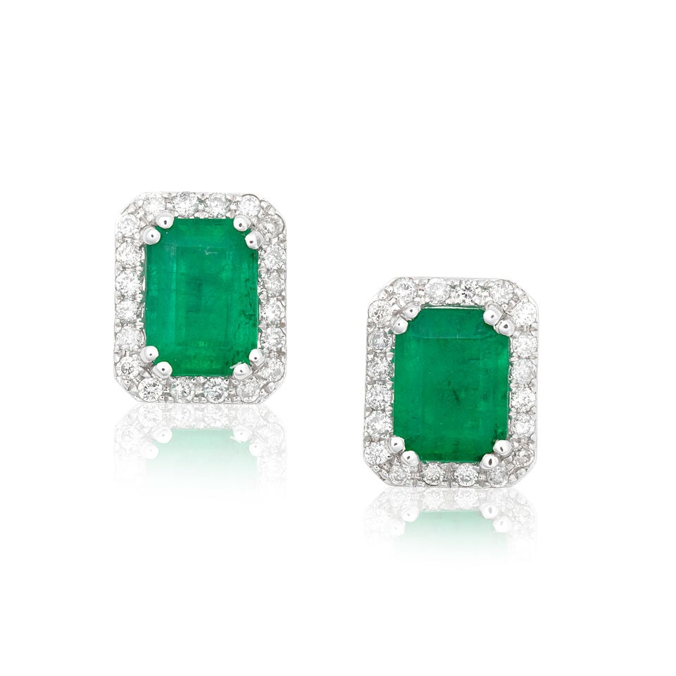 EMERALD AND DIAMOND CLUSTER EARRINGS: EMERALD AND DIAMOND CLUSTER EARRINGS Octagonal step-cut emeralds Brilliant-cut diamonds Plaque length 0.9cm Weight approx. 2.0g Footnotes: OVERALL CONDITION Very light surface wear to unhallmarked