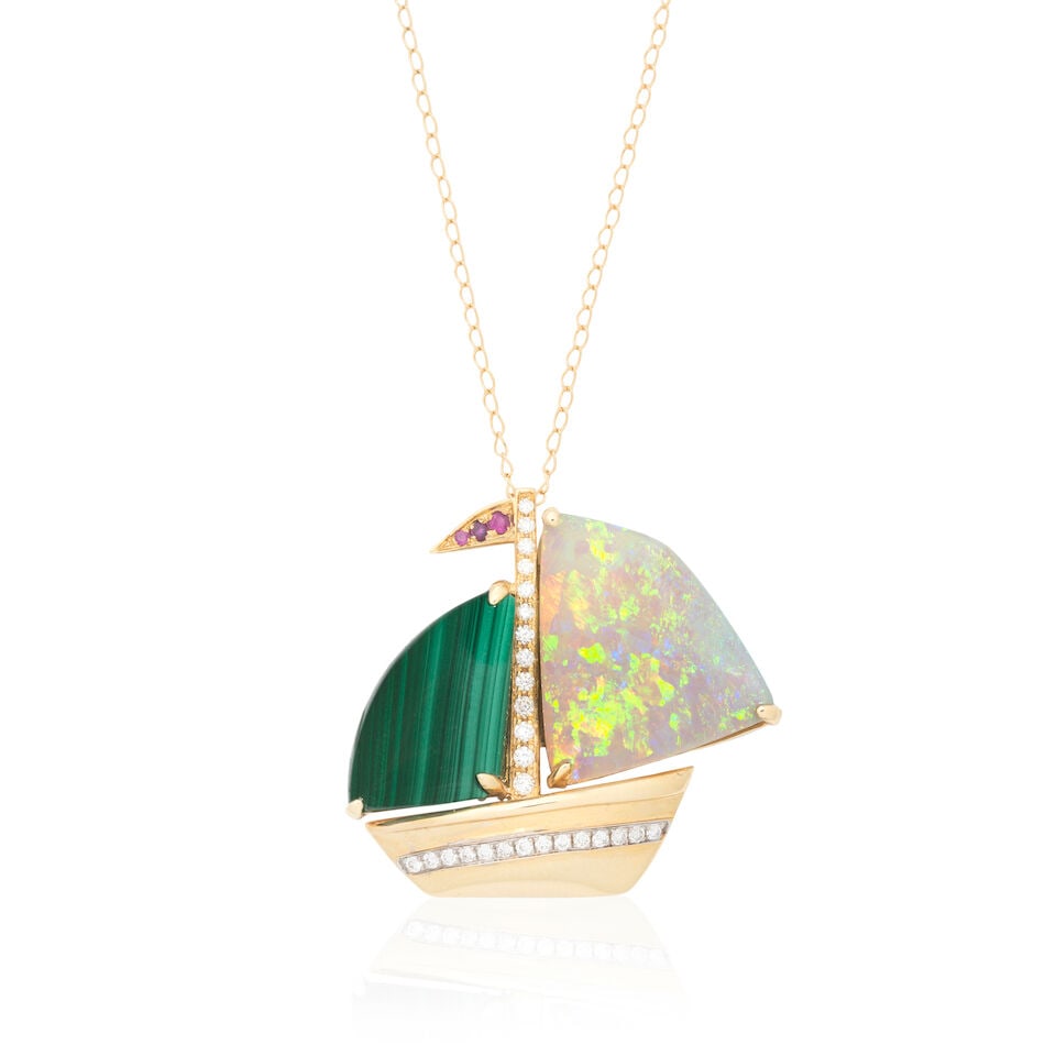 GEM-SET SAILING BOAT BROOCH/PENDANT: GEM-SET SAILING BOAT BROOCH/PENDANT Opal slice Malachite slice Brilliant-cut diamonds Circular-cut rubies Pendant length 2.3cm, chain length 46.0cm Weight approx. 5.5g Footnotes: OVERALL