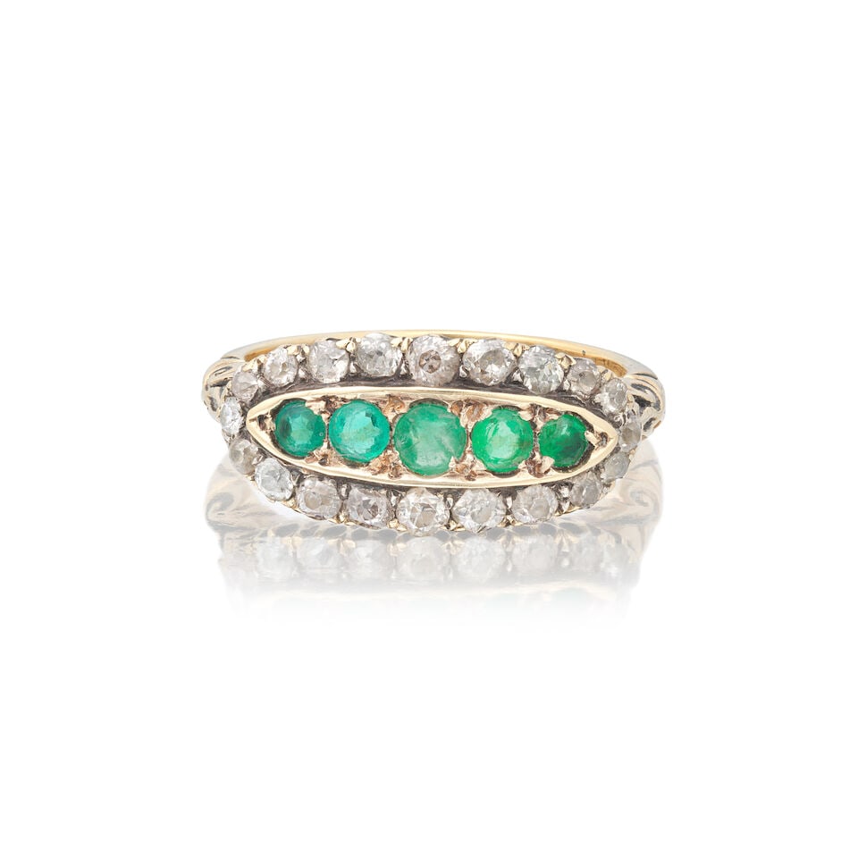 EMERALD AND DIAMOND RING: EMERALD AND DIAMOND RING Circular-cut emeralds Old brilliant-cut diamonds approx. 0.80ct total Ring size approx. Q Weight approx. 6.0g Footnotes: OVERALL CONDITION Some surface wear commensurate with