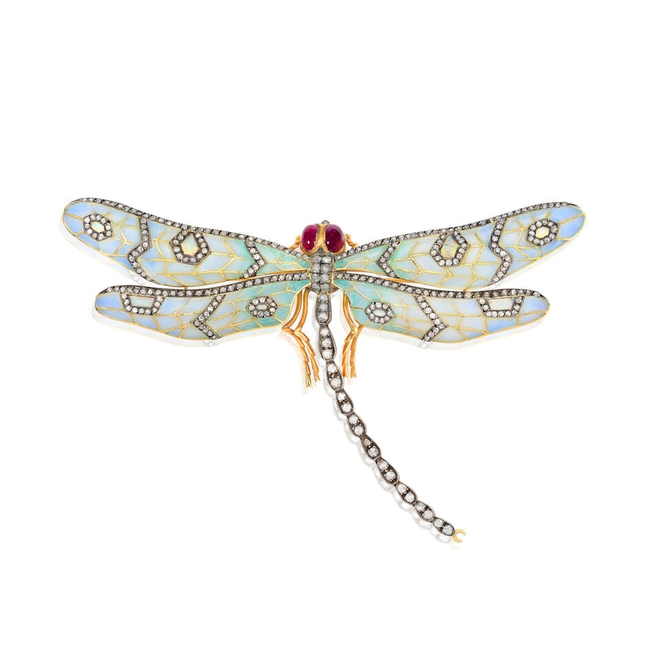 GEM-SET DRAGONFLY BROOCH: GEM-SET DRAGONFLY BROOCH Rose-cut diamonds Ruby cabochons Opalescent paste Plique-à-jour enamel Length 11.0cm Weight approx. 34.0g Footnotes: OVERALL CONDITION Light surface wear to unhallmarked 