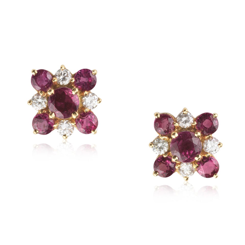 RUBY AND DIAMOND EARRINGS: RUBY AND DIAMOND EARRINGS Circular-cut rubies Brilliant-cut diamonds approx. 0.30ct total Plaque length approx. 1.0cm Weight approx. 5.5g Footnotes: OVERALL CONDITION Light surface wear to